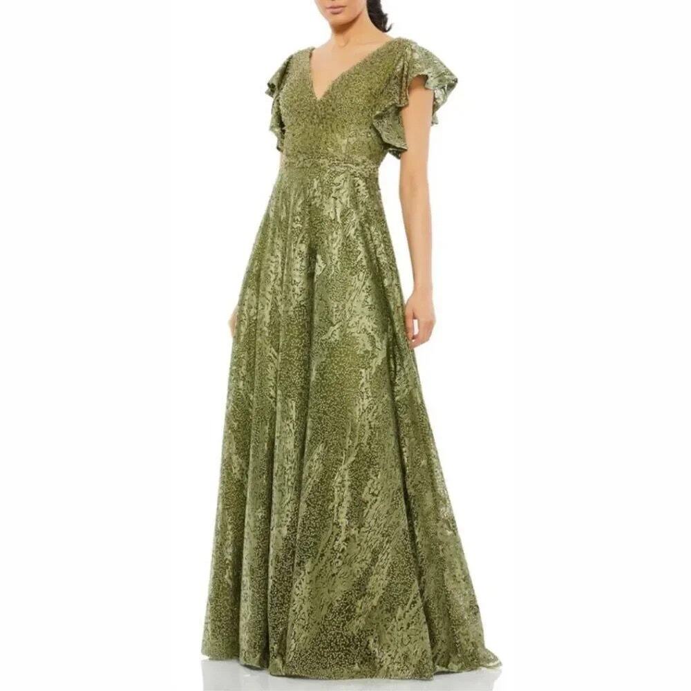 NWT Mac Duggal 20310 Olive Embroidered Flutter Sleeve Gown 14